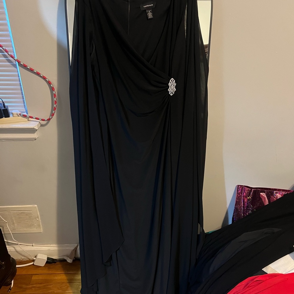 R&M Richards Black Draped Dress with Brooch